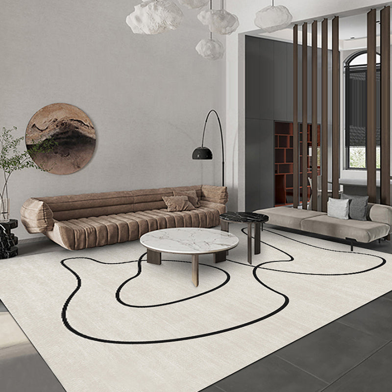 White Tone Modern Area Rug Polyester Abstract Lines Rug Non-Slip Backing Indoor Rug for Living Room