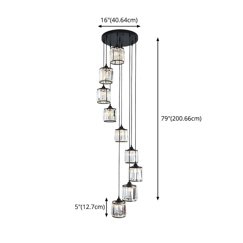 Cilindrische gesuspendeerde verlichtingsarmatuur Minimalistische kristallen trappenhangend plafondlicht in zwart