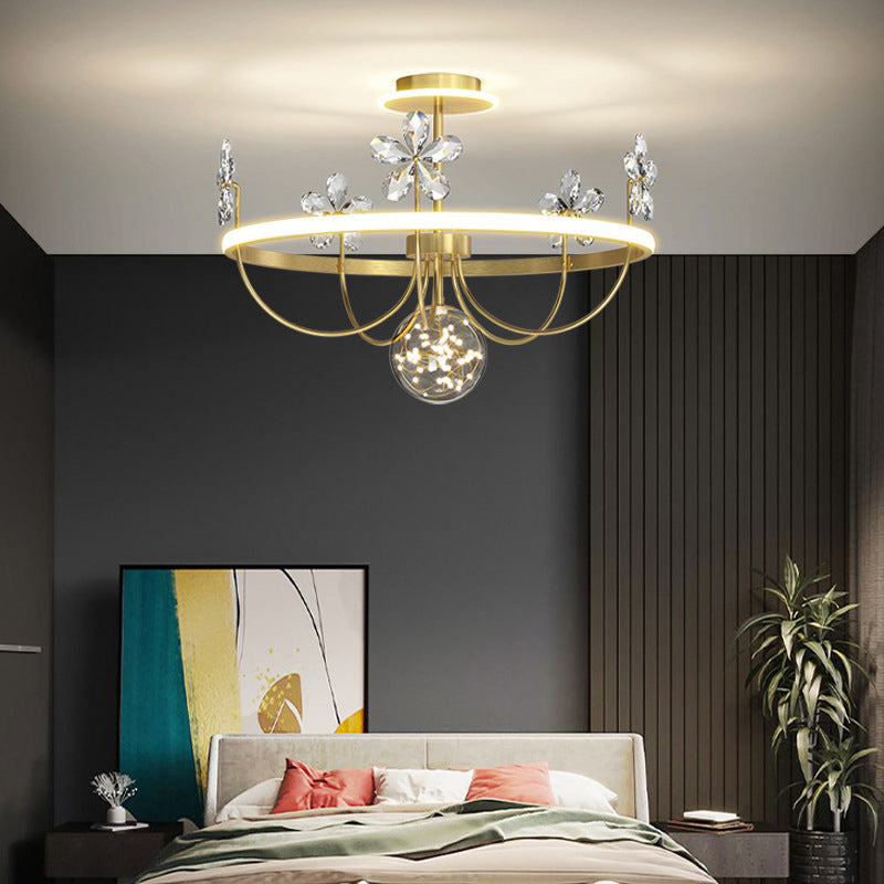 Simplicity Style Gold Circles LED Ceiling Light Crystal Petals Decorative LED Light Strings Clear Glass Globe Lighting Fixture for Bedroom