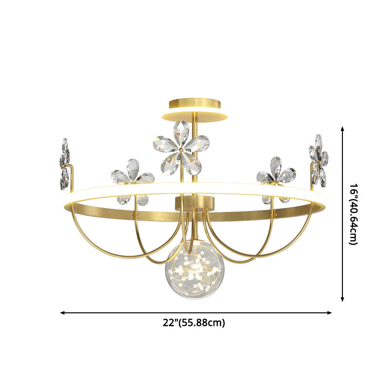 Simplicity Style Gold Circles LED Ceiling Light Crystal Petals Decorative LED Light Strings Clear Glass Globe Lighting Fixture for Bedroom