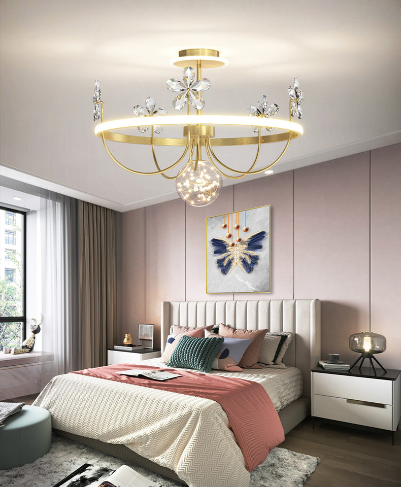Simplicity Style Gold Circles LED Ceiling Light Crystal Petals Decorative LED Light Strings Clear Glass Globe Lighting Fixture for Bedroom