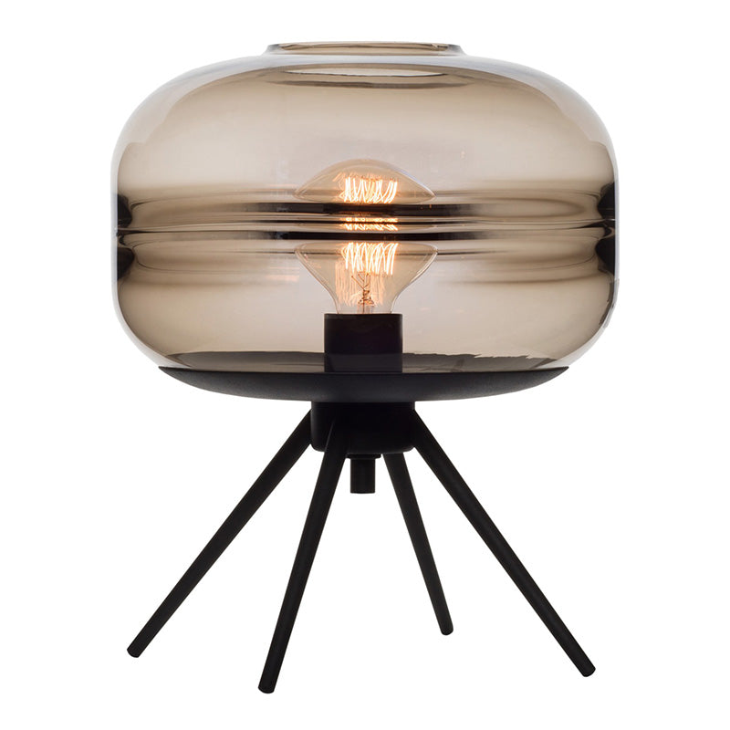 Lámpara de mesa de vidrio de tambor de estilo nórdico 11.5 "Luz de mesita de noche con base de trípode de metal negro