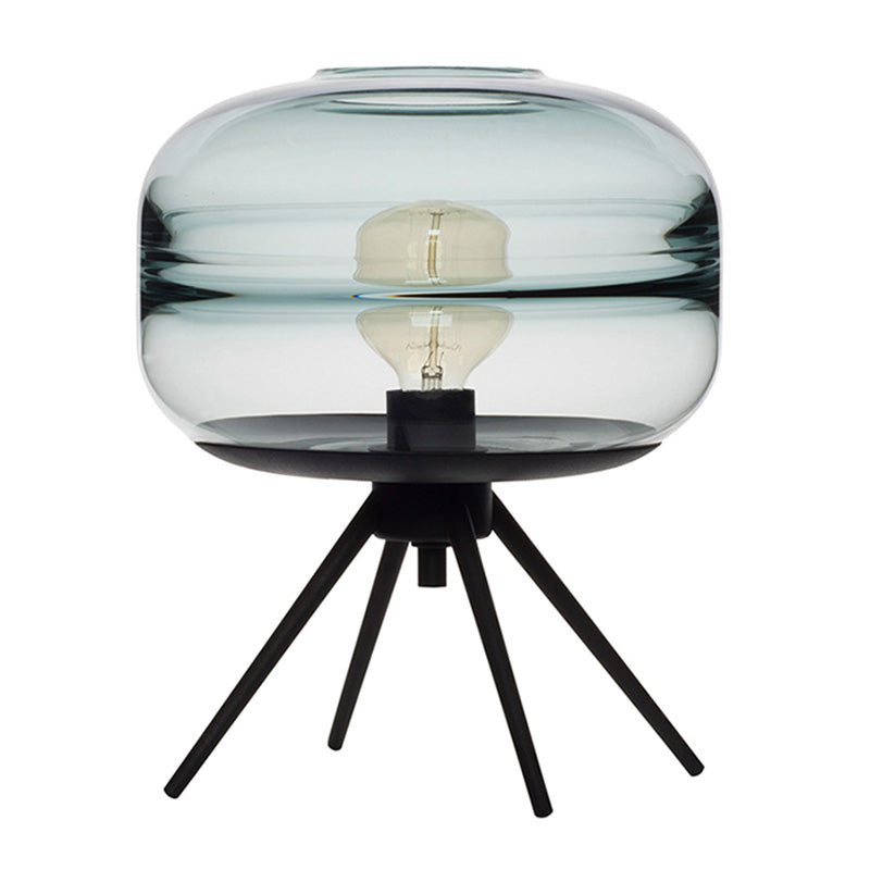 Lámpara de mesa de vidrio de tambor de estilo nórdico 11.5 "Luz de mesita de noche con base de trípode de metal negro