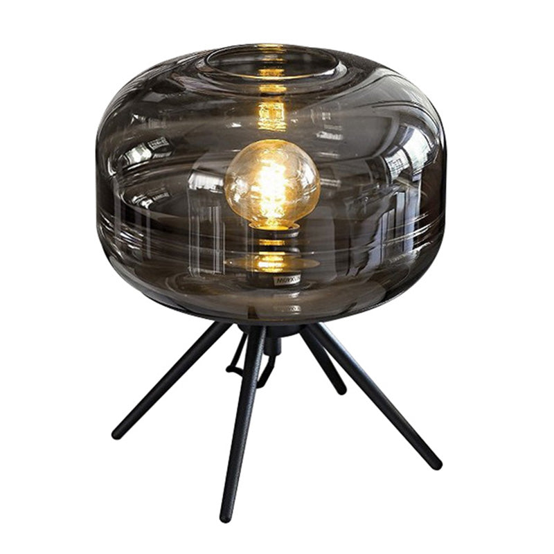Lámpara de mesa de vidrio de tambor de estilo nórdico 11.5 "Luz de mesita de noche con base de trípode de metal negro