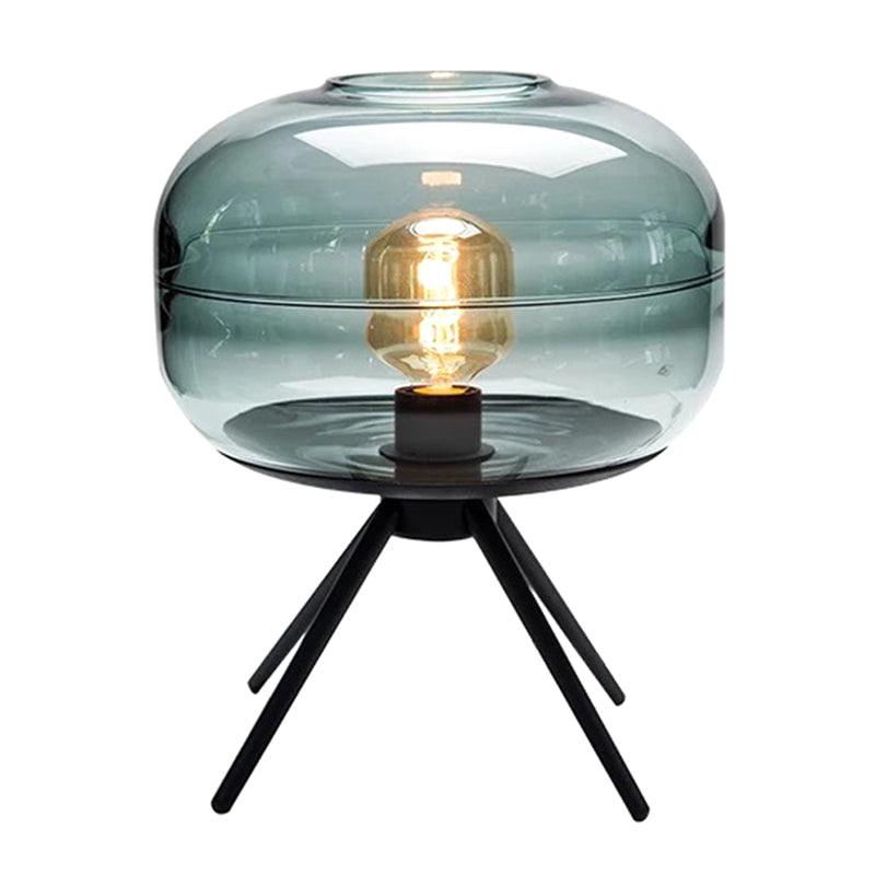 Lámpara de mesa de vidrio de tambor de estilo nórdico 11.5 "Luz de mesita de noche con base de trípode de metal negro