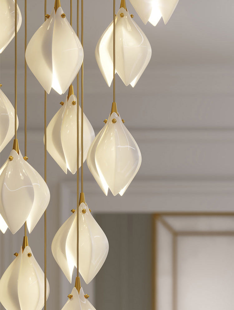 White Petaloid LED Hanging Light in Modern Creative Style Wrought Iron Cluster Pendant Light with Ceramic Shade