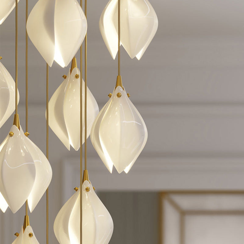 White Petaloid LED Hanging Light in Modern Creative Style Wrought Iron Cluster Pendant Light with Ceramic Shade