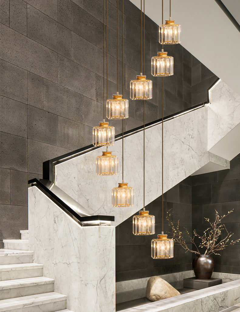Gold Stairway Cluster Pendant Light in Modern Luxury Style Wrought Iron Hanging Light with Crystal Shade