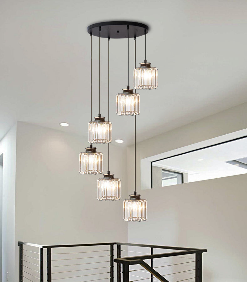 Gold Stairway Cluster Pendant Light in Modern Luxury Style Wrought Iron Hanging Light with Crystal Shade
