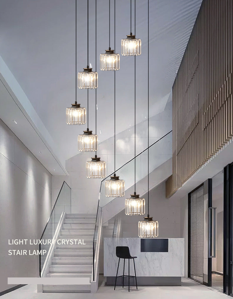 Gold Stairway Cluster Pendant Light in Modern Luxury Style Wrought Iron Hanging Light with Crystal Shade