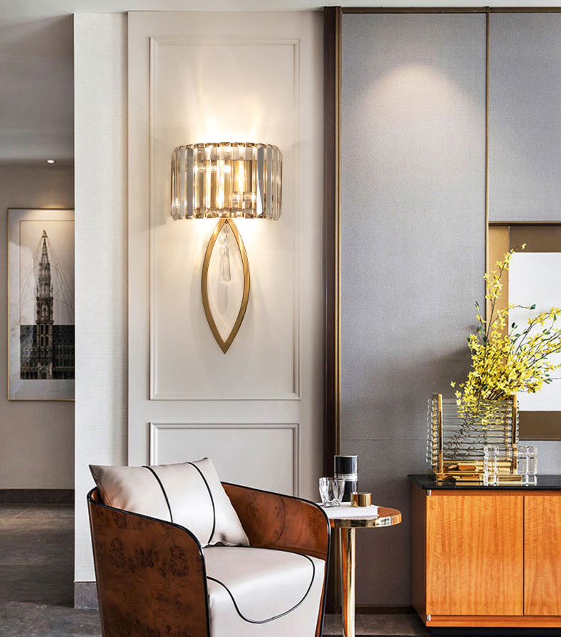 Gold 2-Light Wall Lamp in Modern Luxury Style Titanium Wall Sconce with Crystal Shade