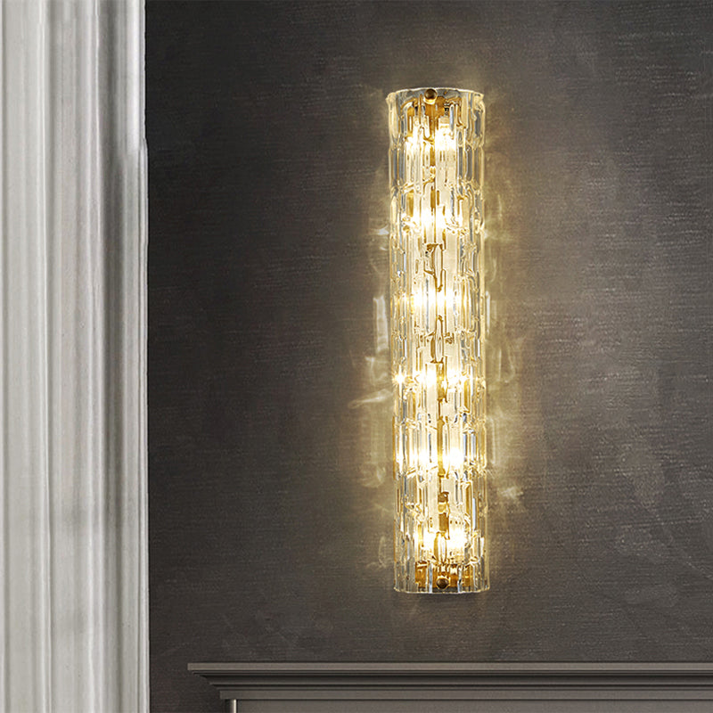 Brass Cylindrical Flush Mount Wall Sconce Postmodern LED Crystal Wall Light for Hallway