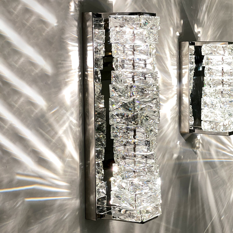 Silver Rectangular LED Wall Sconce in Modern Artistic Style Metal Wall Lamp with Crystal Shade