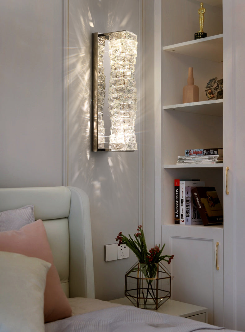 Silver Rectangular LED Wall Sconce in Modern Artistic Style Metal Wall Lamp with Crystal Shade