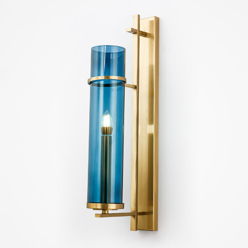 Minimalism Wall Sconce Lighting Blue Cylindrical Sconce Light Fixture with Glass Shade