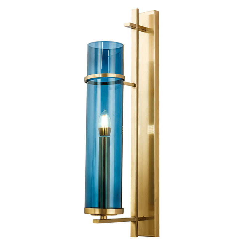 Minimalism Wall Sconce Lighting Blue Cylindrical Sconce Light Fixture with Glass Shade