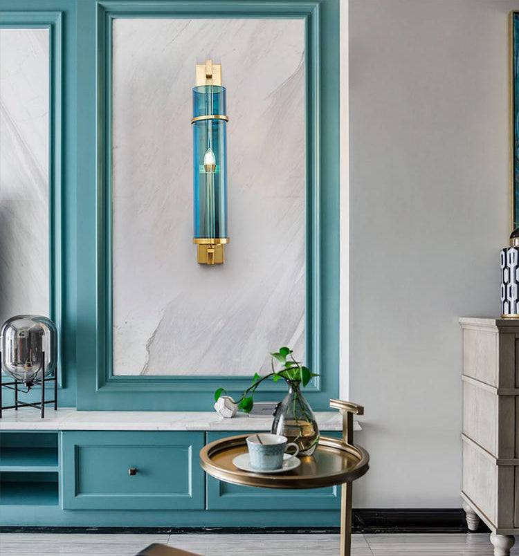 Minimalism Wall Sconce Lighting Blue Cylindrical Sconce Light Fixture with Glass Shade