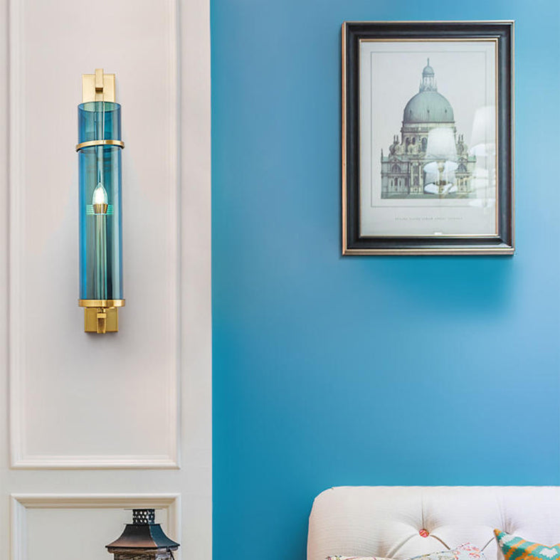 Minimalism Wall Sconce Lighting Blue Cylindrical Sconce Light Fixture with Glass Shade