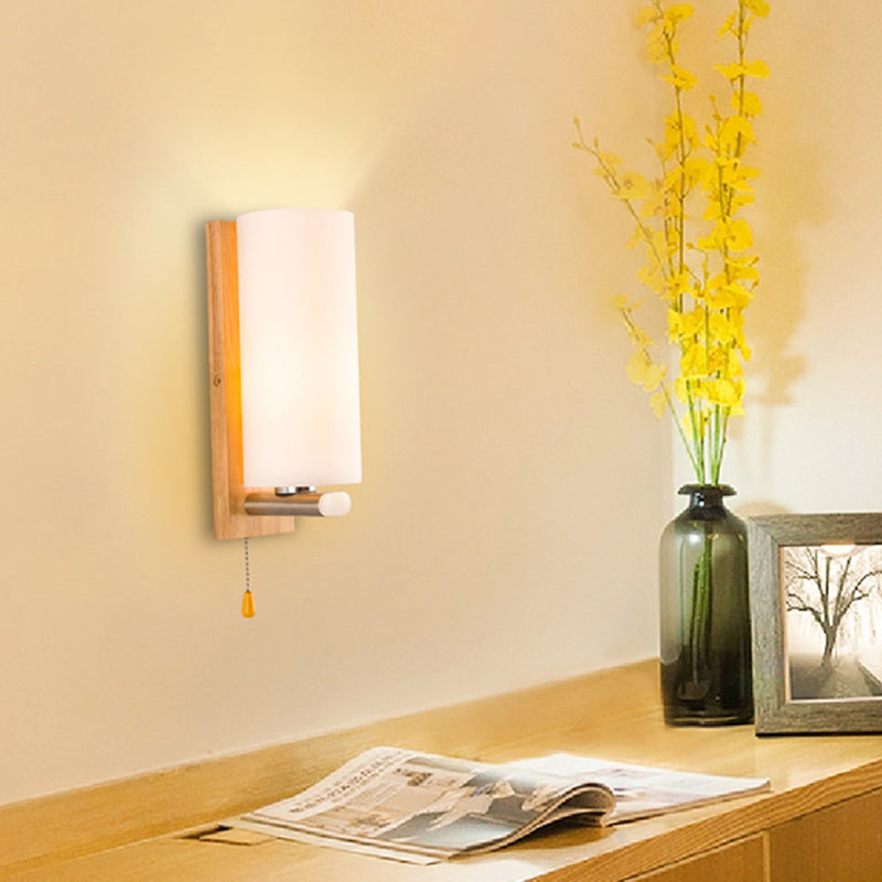 Nordic Style Wooden Wall Lamp White Cylindrical Shade Simplicity Lighting Fixture with Hand Pull Switch