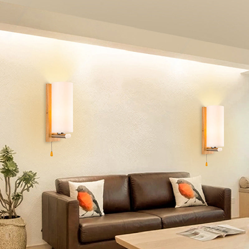 Nordic Style Wooden Wall Lamp White Cylindrical Shade Simplicity Lighting Fixture with Hand Pull Switch