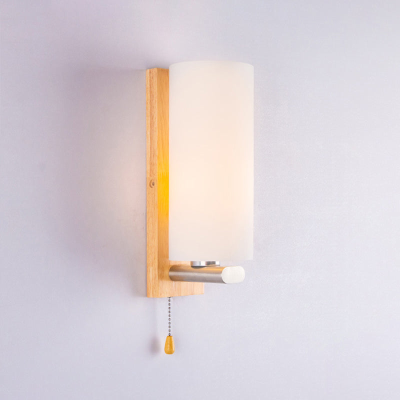 Nordic Style Wooden Wall Lamp White Cylindrical Shade Simplicity Lighting Fixture with Hand Pull Switch