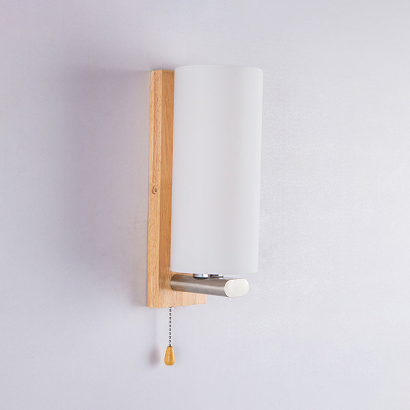 Nordic Style Wooden Wall Lamp White Cylindrical Shade Simplicity Lighting Fixture with Hand Pull Switch