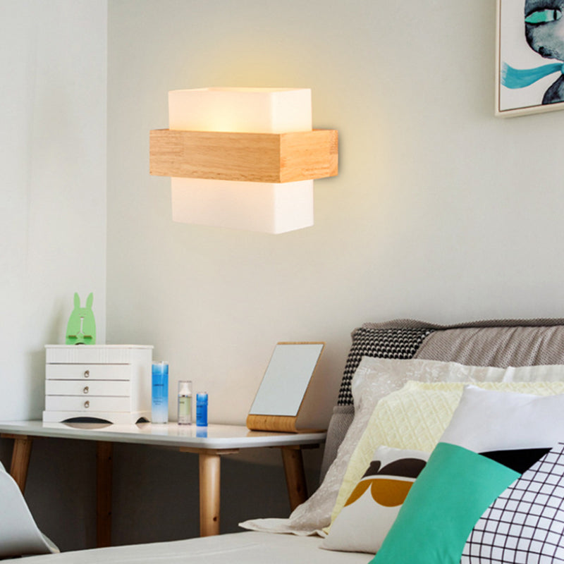 8.6" Wide Rectangular Modern Style Wall Lamp Simplicity Wooden Bedroom Sconces Light with White Glass Shade