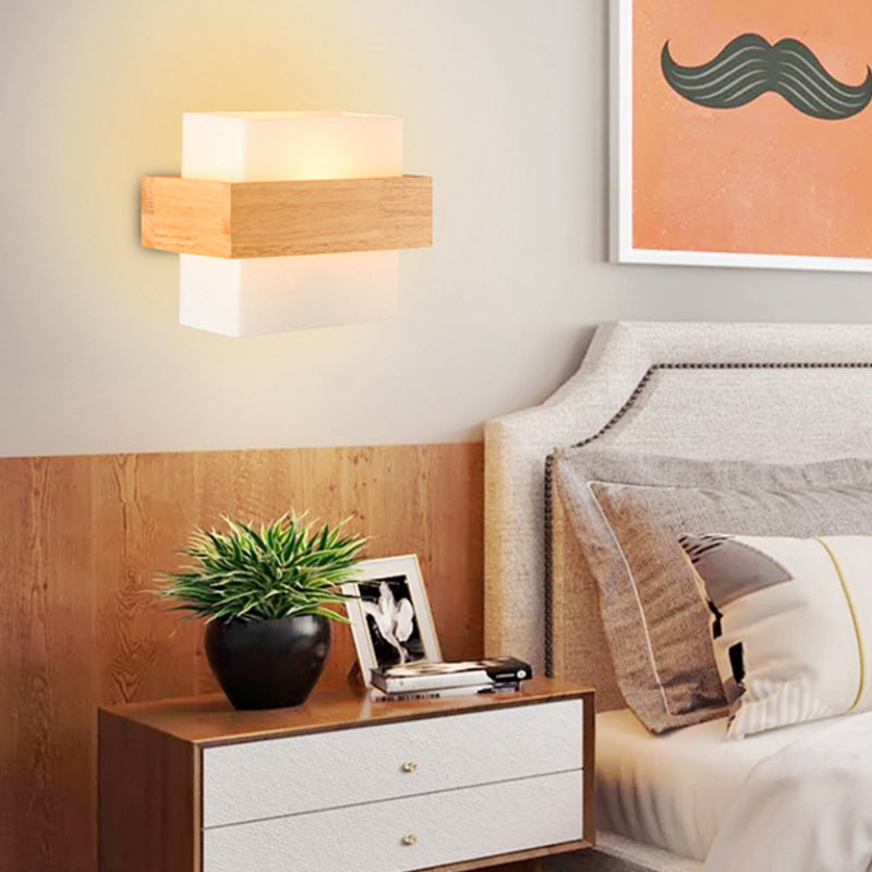 8.6" Wide Rectangular Modern Style Wall Lamp Simplicity Wooden Bedroom Sconces Light with White Glass Shade