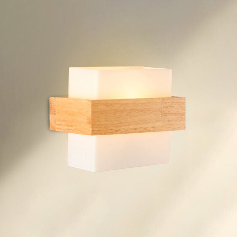8.6" Wide Rectangular Modern Style Wall Lamp Simplicity Wooden Bedroom Sconces Light with White Glass Shade