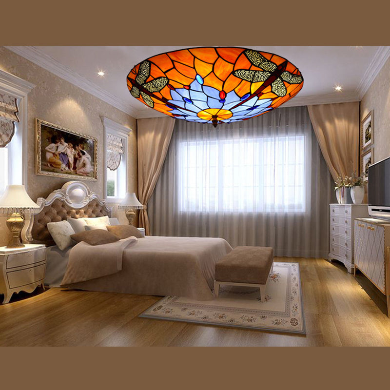 Multicolored Bowl-Shaped Flush Ceiling Light Fixture Tiffany-Style Flush Mount Ceiling Lamp