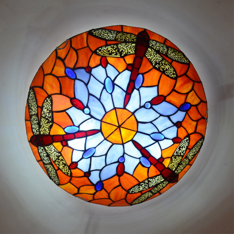 Multicolored Bowl-Shaped Flush Ceiling Light Fixture Tiffany-Style Flush Mount Ceiling Lamp