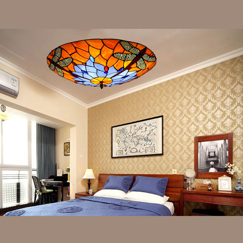 Multicolored Bowl-Shaped Flush Ceiling Light Fixture Tiffany-Style Flush Mount Ceiling Lamp