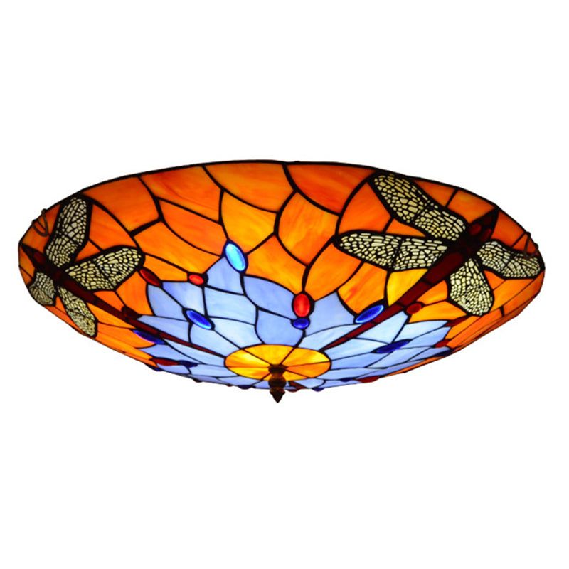 Multicolored Bowl-Shaped Flush Ceiling Light Fixture Tiffany-Style Flush Mount Ceiling Lamp