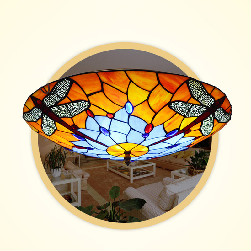 Multicolored Bowl-Shaped Flush Ceiling Light Fixture Tiffany-Style Flush Mount Ceiling Lamp