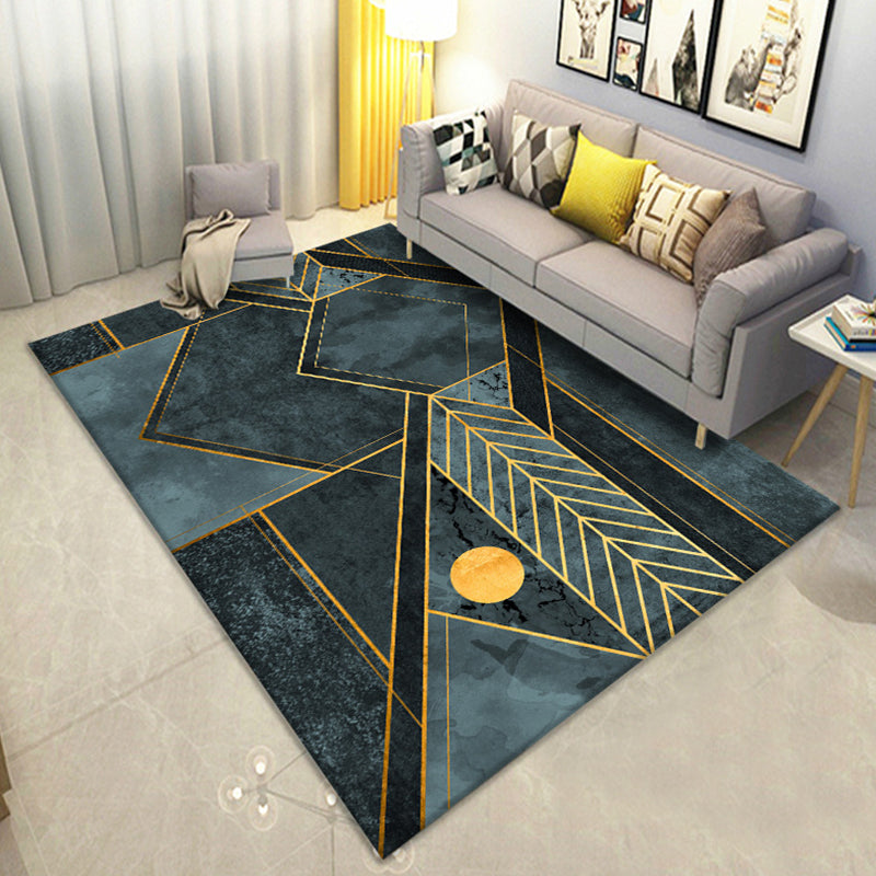Modern Geometric Lines Printed Rug Black Tone Polyester Area Carpet Non-Slip Backing Rug for Living Room