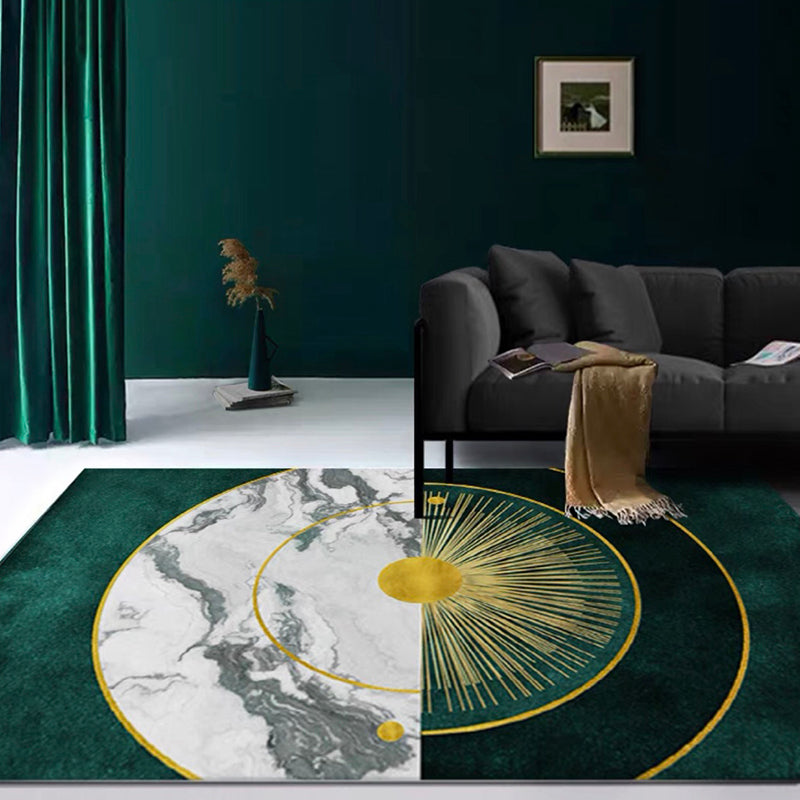 Green Tone Metal Lines Print Rug Polyester Trendy Anti-Slip Backing Indoor Rug for Living Room