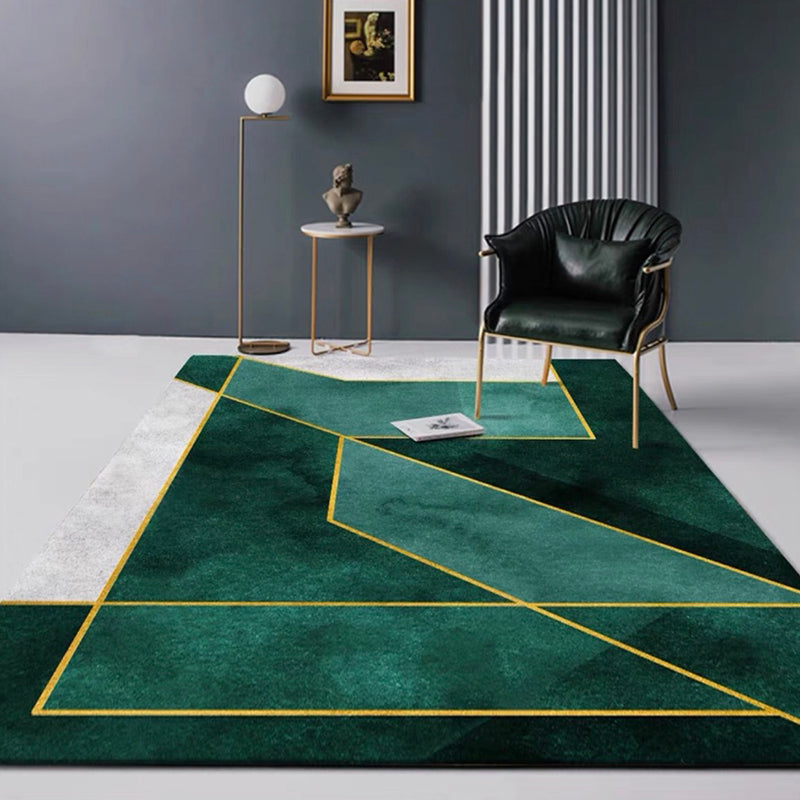 Green Tone Metal Lines Print Rug Polyester Trendy Anti-Slip Backing Indoor Rug for Living Room