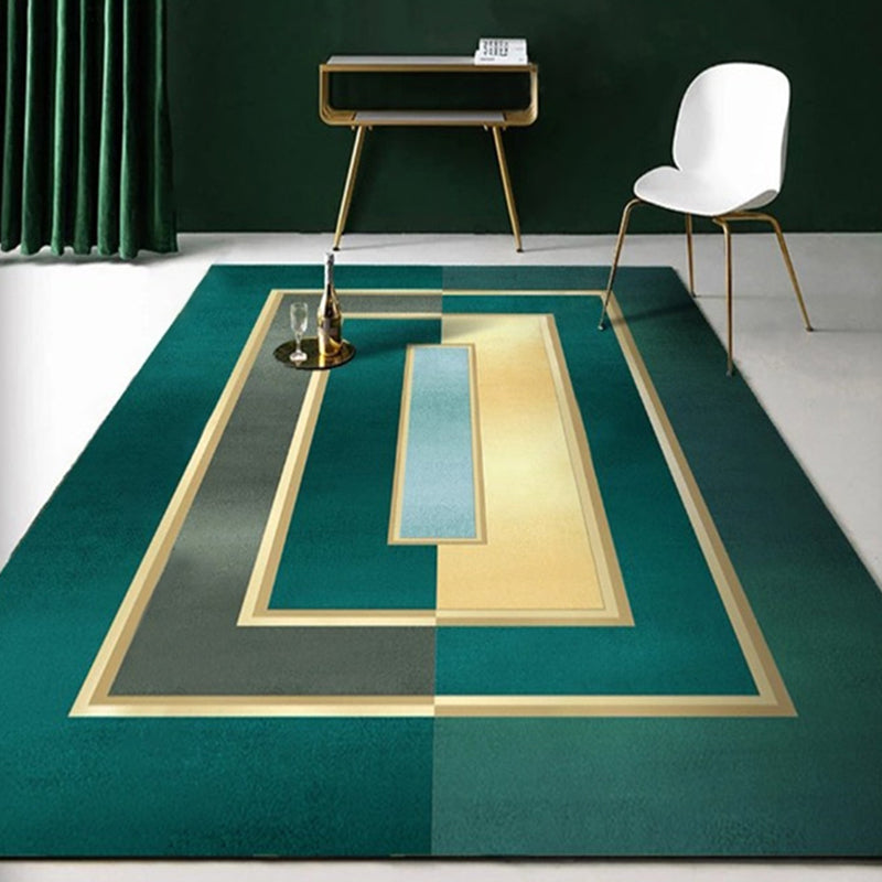 Green Tone Metal Lines Print Rug Polyester Trendy Anti-Slip Backing Indoor Rug for Living Room
