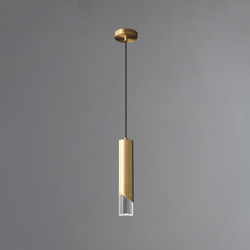 Cilindrische koperen LED -verlichting Hanger Acryl schaduw Minimalisme Slaapkamer Suspensielamp met 78,7 "Hangdraad