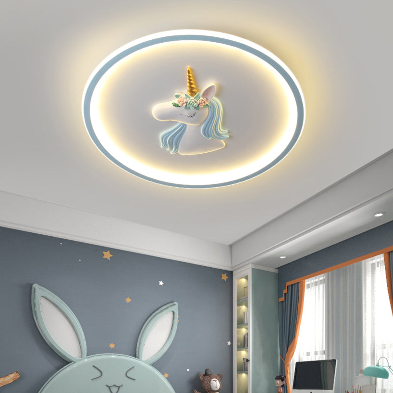 Luminaire encastré à 1 lumière LED en forme de dessin animé en métal licorne pour chambre d'enfant