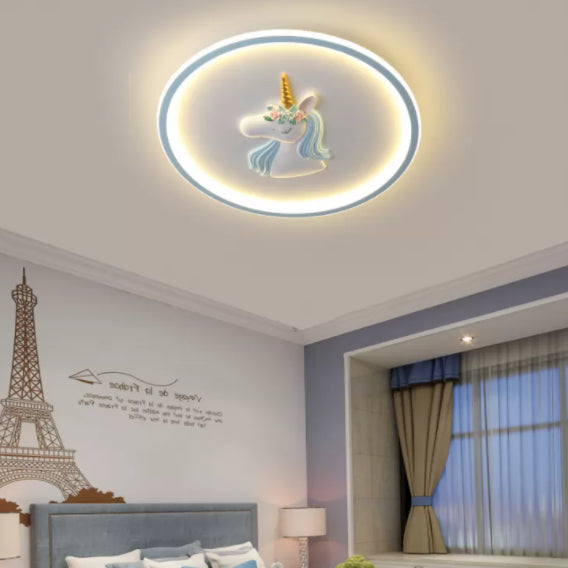 Luminaire encastré à 1 lumière LED en forme de dessin animé en métal licorne pour chambre d'enfant