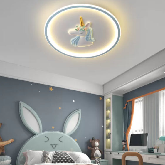 Luminaire encastré à 1 lumière LED en forme de dessin animé en métal licorne pour chambre d'enfant