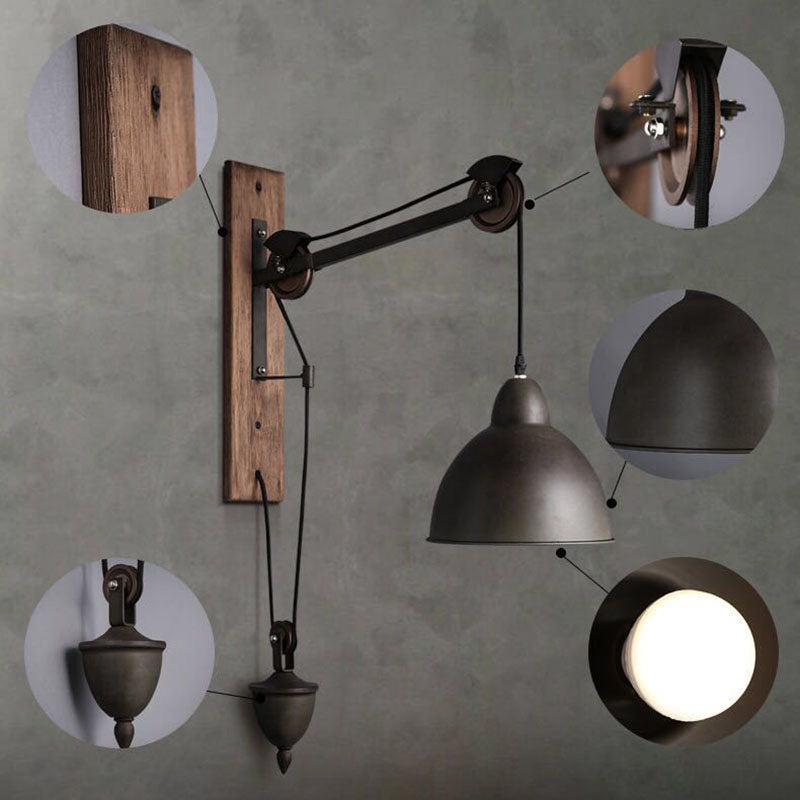 Industrial Style Bowl Shade Lesen Wandlampe 1-Licht Metall Wandleuchte mit Riemenscheibe in Schwarz