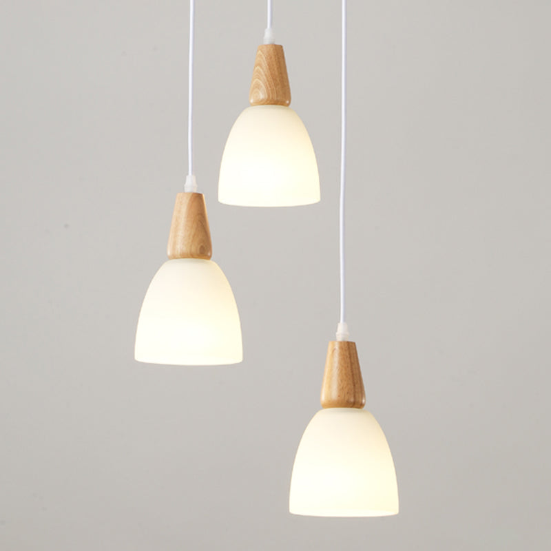 Lampada a sospensione nordica in legno piccolo sospensione con tonalità di vetro bianco per sala da pranzo