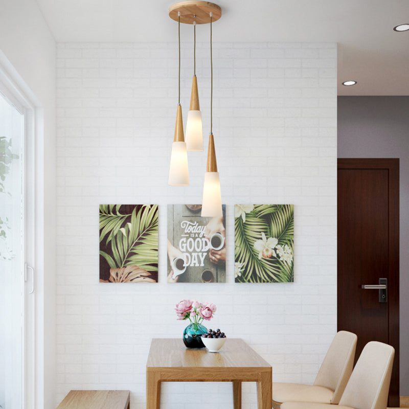 Lampada a sospensione nordica in legno piccolo sospensione con tonalità di vetro bianco per sala da pranzo