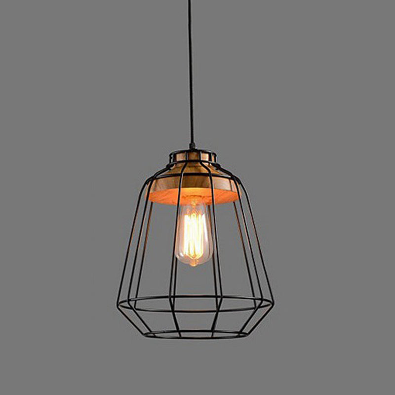Wrought Iron Black Hanging Light in Industrial Vintage Style Wooden Single Pendant Light with Iron Frame