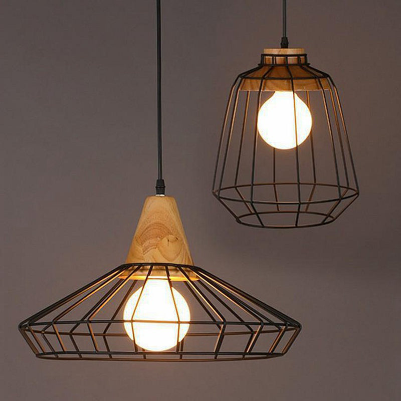 Wrought Iron Black Hanging Light in Industrial Vintage Style Wooden Single Pendant Light with Iron Frame