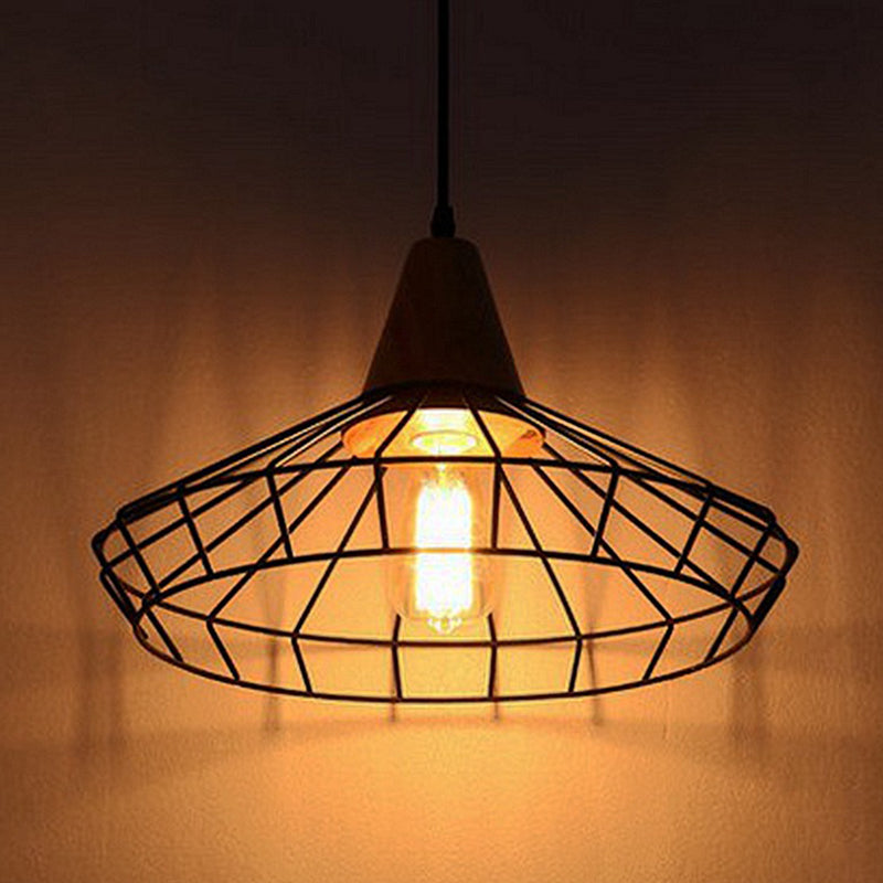 Wrought Iron Black Hanging Light in Industrial Vintage Style Wooden Single Pendant Light with Iron Frame