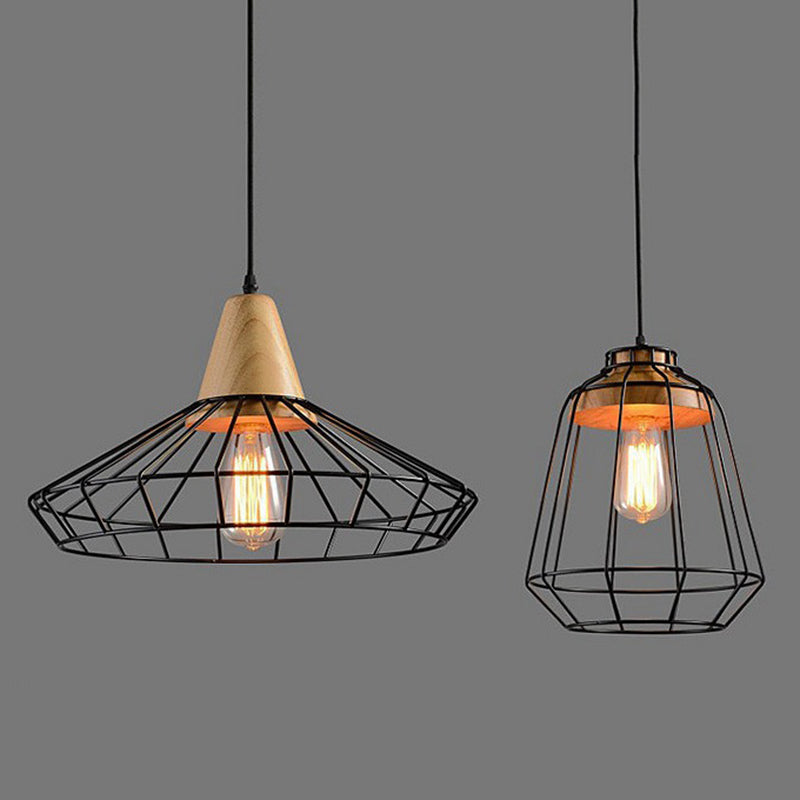 Wrought Iron Black Hanging Light in Industrial Vintage Style Wooden Single Pendant Light with Iron Frame