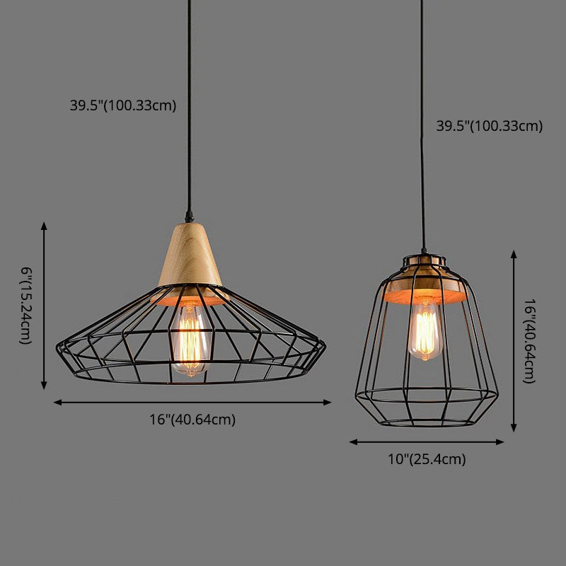 Wrought Iron Black Hanging Light in Industrial Vintage Style Wooden Single Pendant Light with Iron Frame